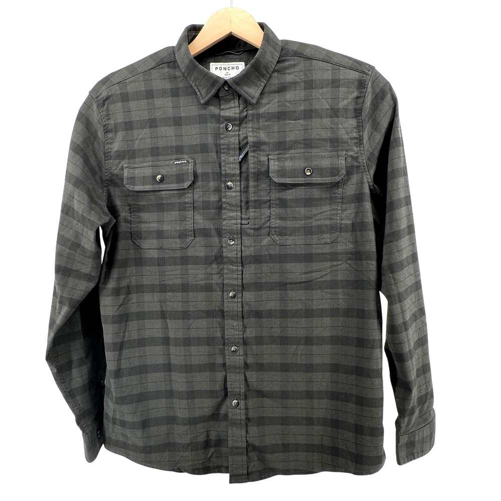 Poncho Outdoors Mens XL Slim Fit Magnetic Button Down Shirt Grey Plaid Fishing